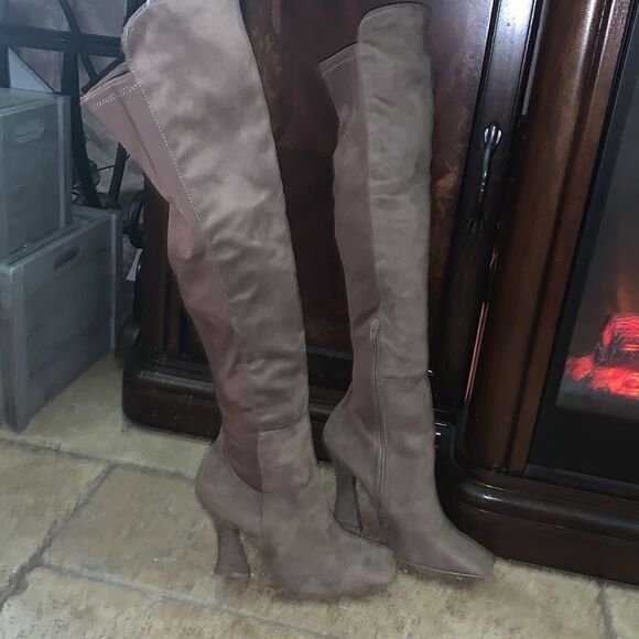 Taupe Suede Over Knee Boots - Picture 1 of 6